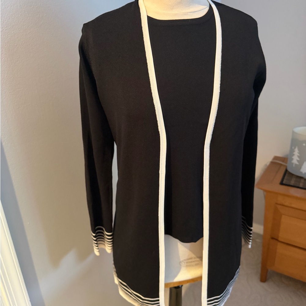 Carducci Black & White Trim Open-Front Cardigan Set with Sleeveless Tank - Picture 3 of 9